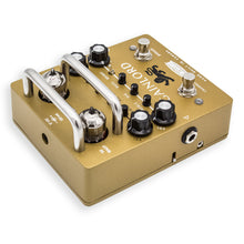 Load image into Gallery viewer, Gold guitar effects pedal with control knobs and a brand logo on a white background